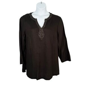Gillian Grey Top Womens Plus 1X Black Beaded Split Neckline 100% Linen Tunic